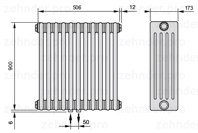 Схема (чертеж) Радиатор Zehnder Charleston 5090/11 №3470 Белый глянцевый RAL 9016